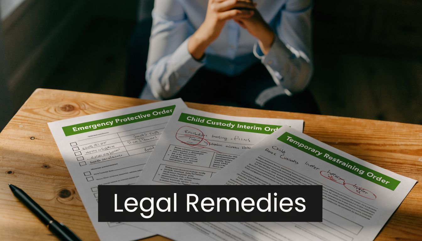 Legal documents for emergency protective and child custody orders displayed on a wooden desk with a pen.