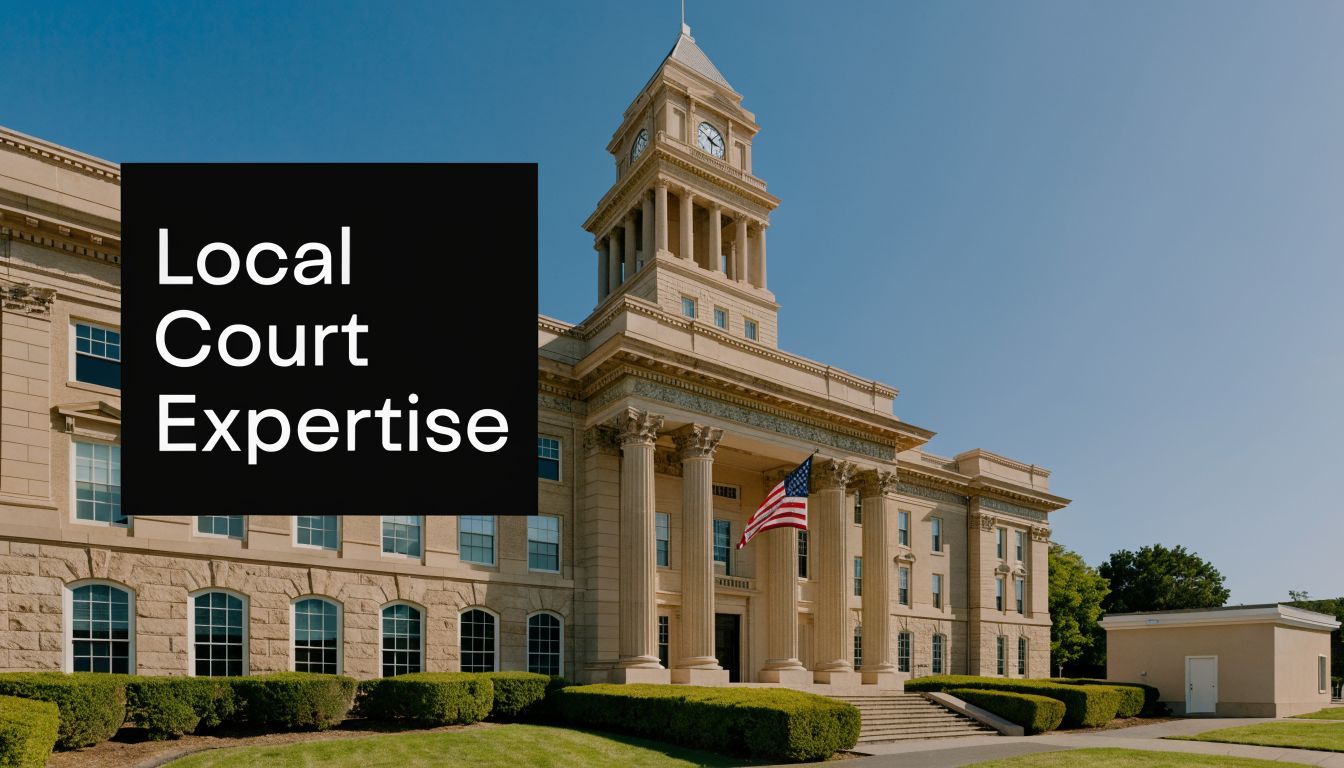 A historic courthouse building with columns and an American flag under a clear blue sky.