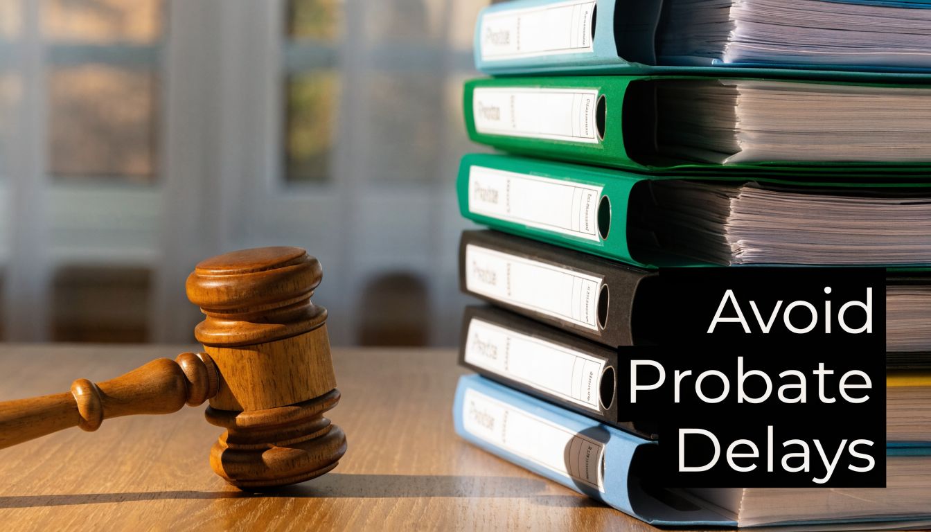 A wooden judge's gavel beside a tall stack of organized binders representing legal probate case files.