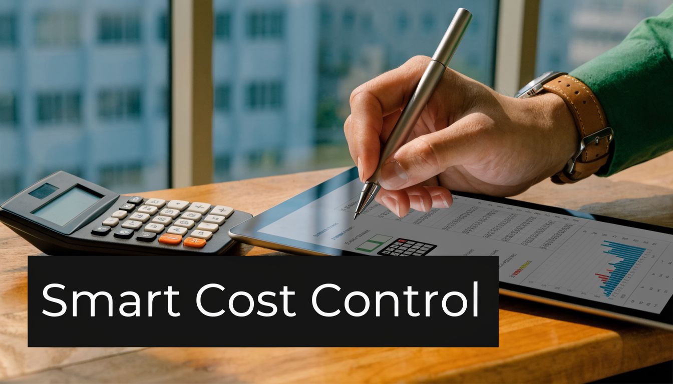 A person using a stylus on a tablet showing financial charts next to a calculator on a desk.