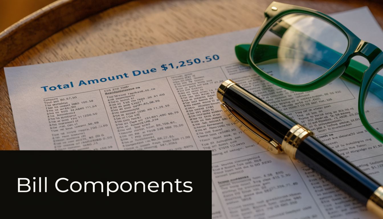 A close up view of a billing statement showing a total amount due with glasses and a pen