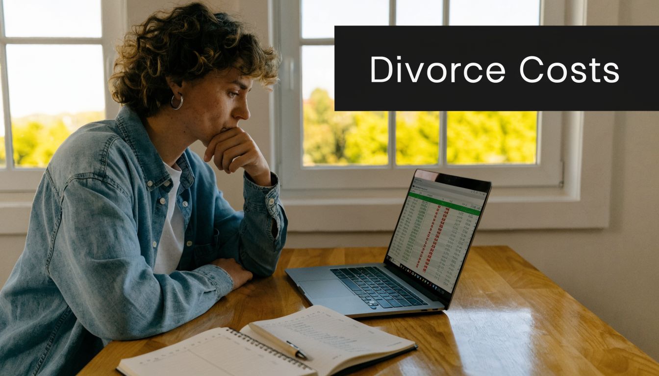 A young person thoughtfully reviewing financial documents on a laptop regarding divorce costs while working from home.