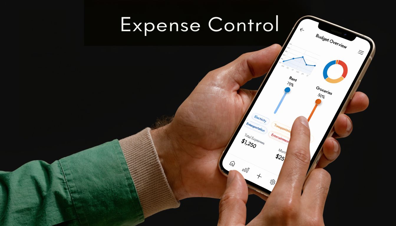 A close-up of a person using a mobile finance application to monitor budget expenses on a smartphone.