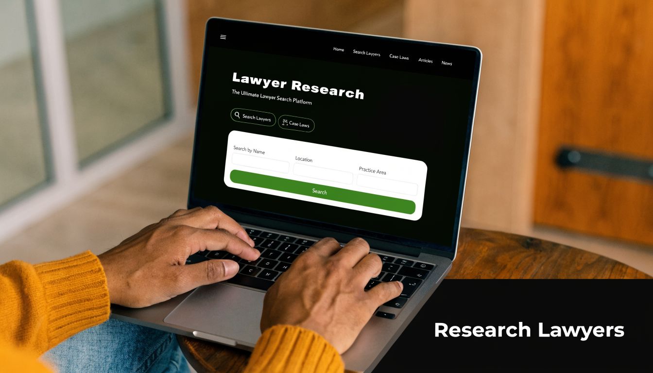 A person using a laptop to search for legal services on a specialized lawyer research platform website.