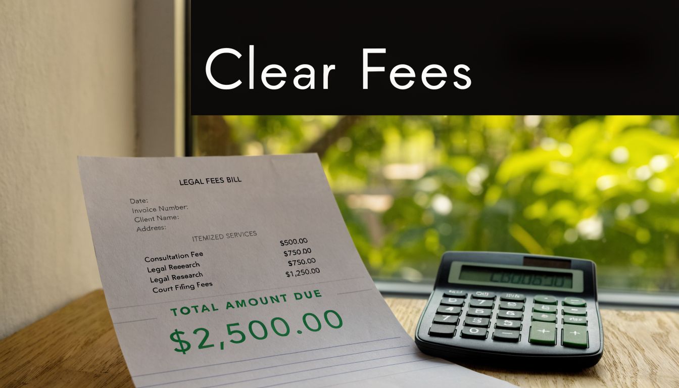 A legal fee bill rests on a wooden desk next to a calculator with green foliage background.