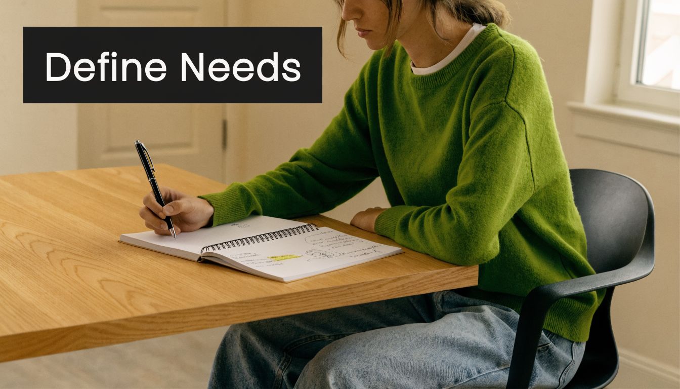 A person in a green sweater writing in a spiral notebook while seated at a wooden desk.