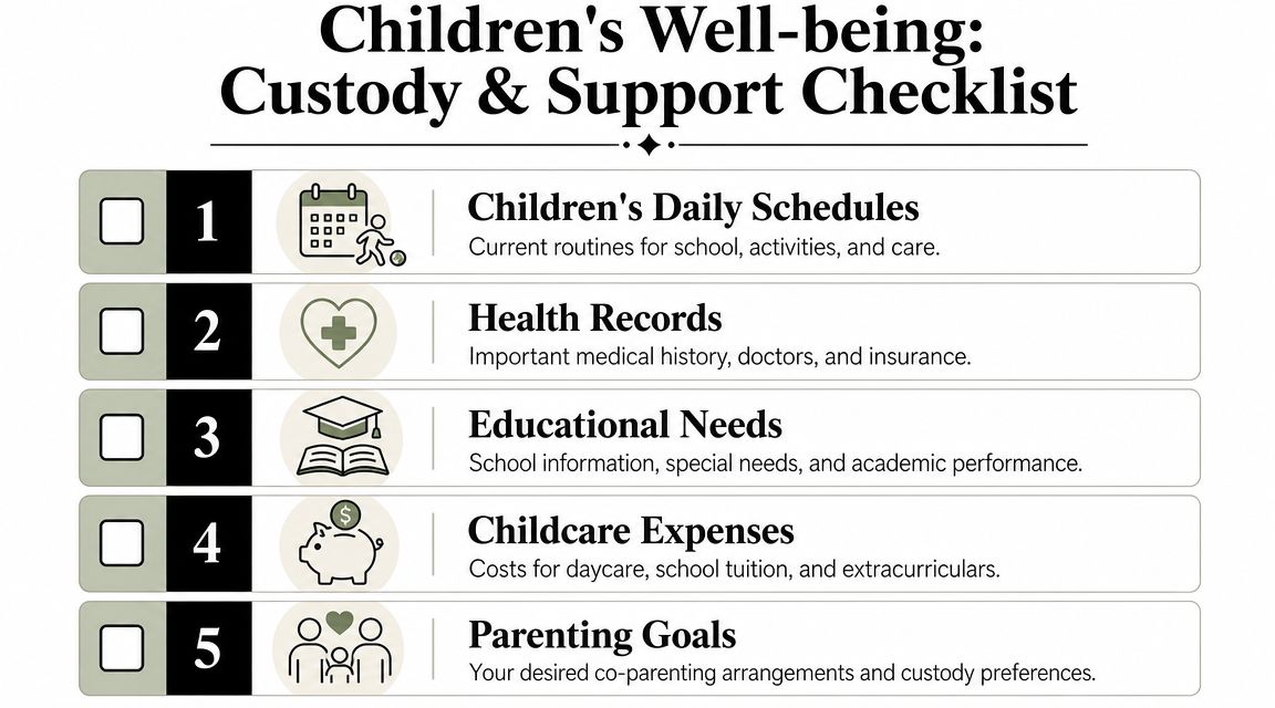 A five-point checklist titled Children's Well-being focusing on custody, health, education, finances, and parenting goals.
