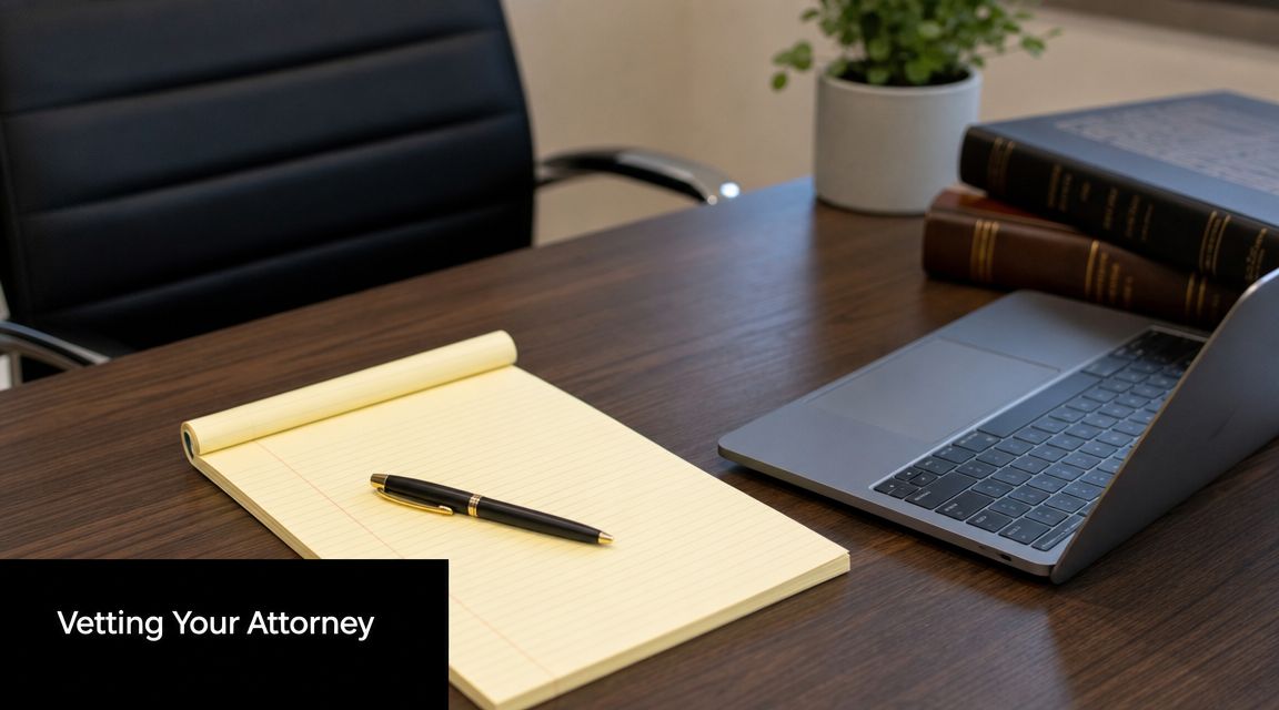 A professional office desk setup featuring a legal notepad, a pen, a laptop, and law books.