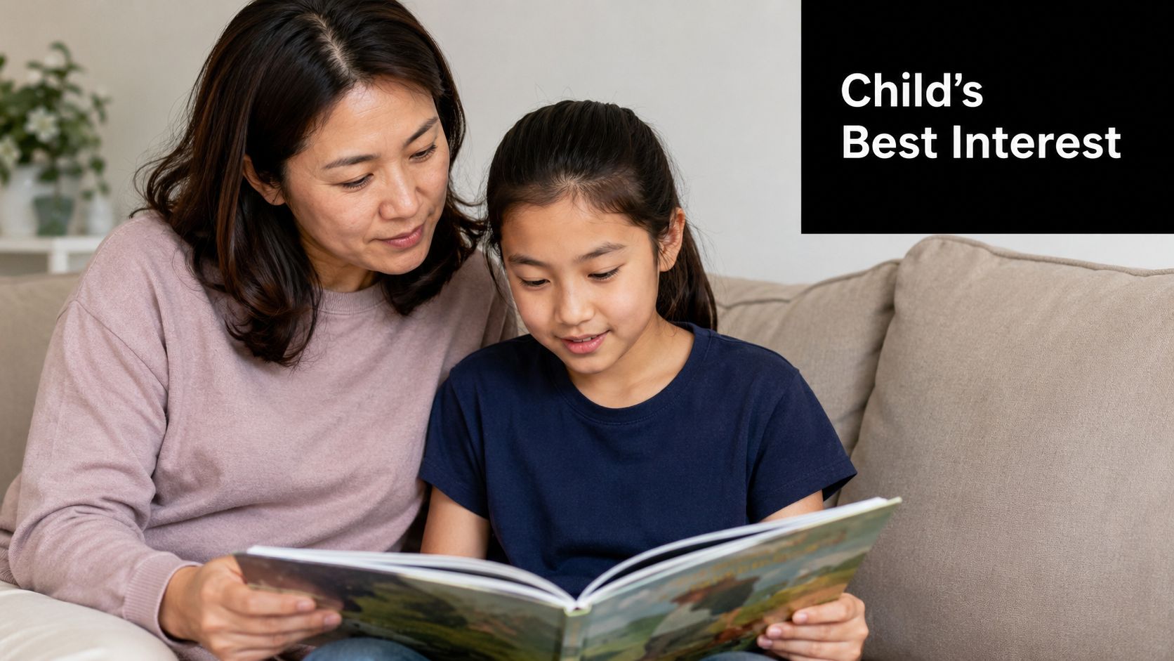 A caring mother reading a book with her young daughter while sitting together on a couch.