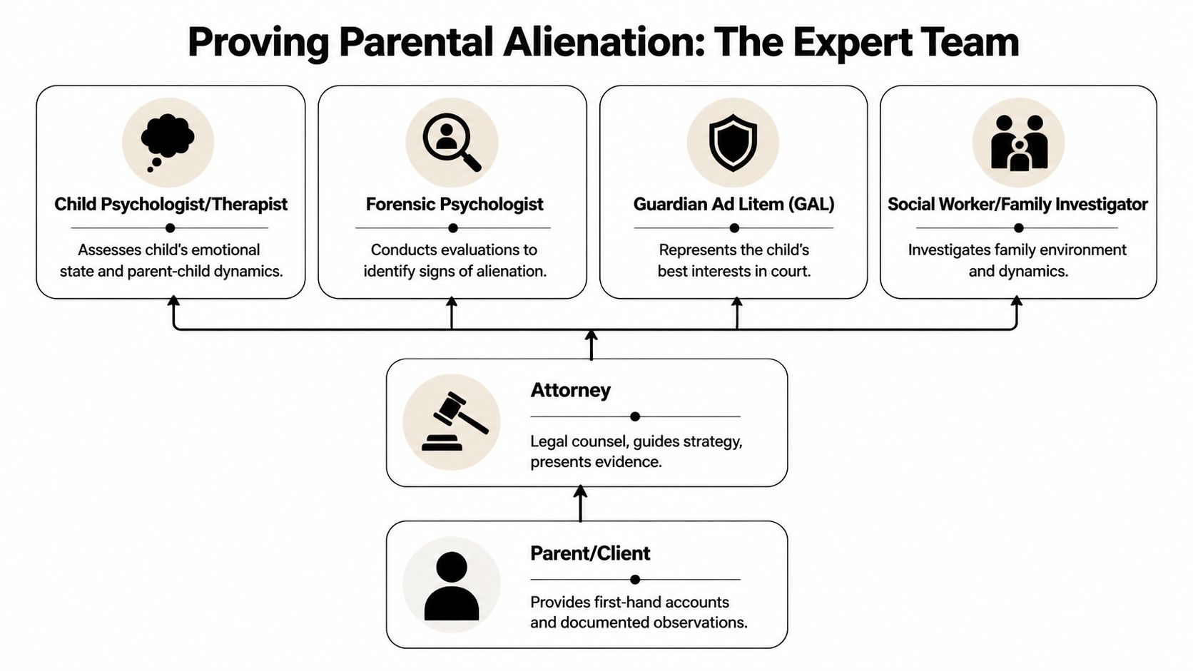 A flowchart showing the team of professionals involved in proving parental alienation in a legal setting.