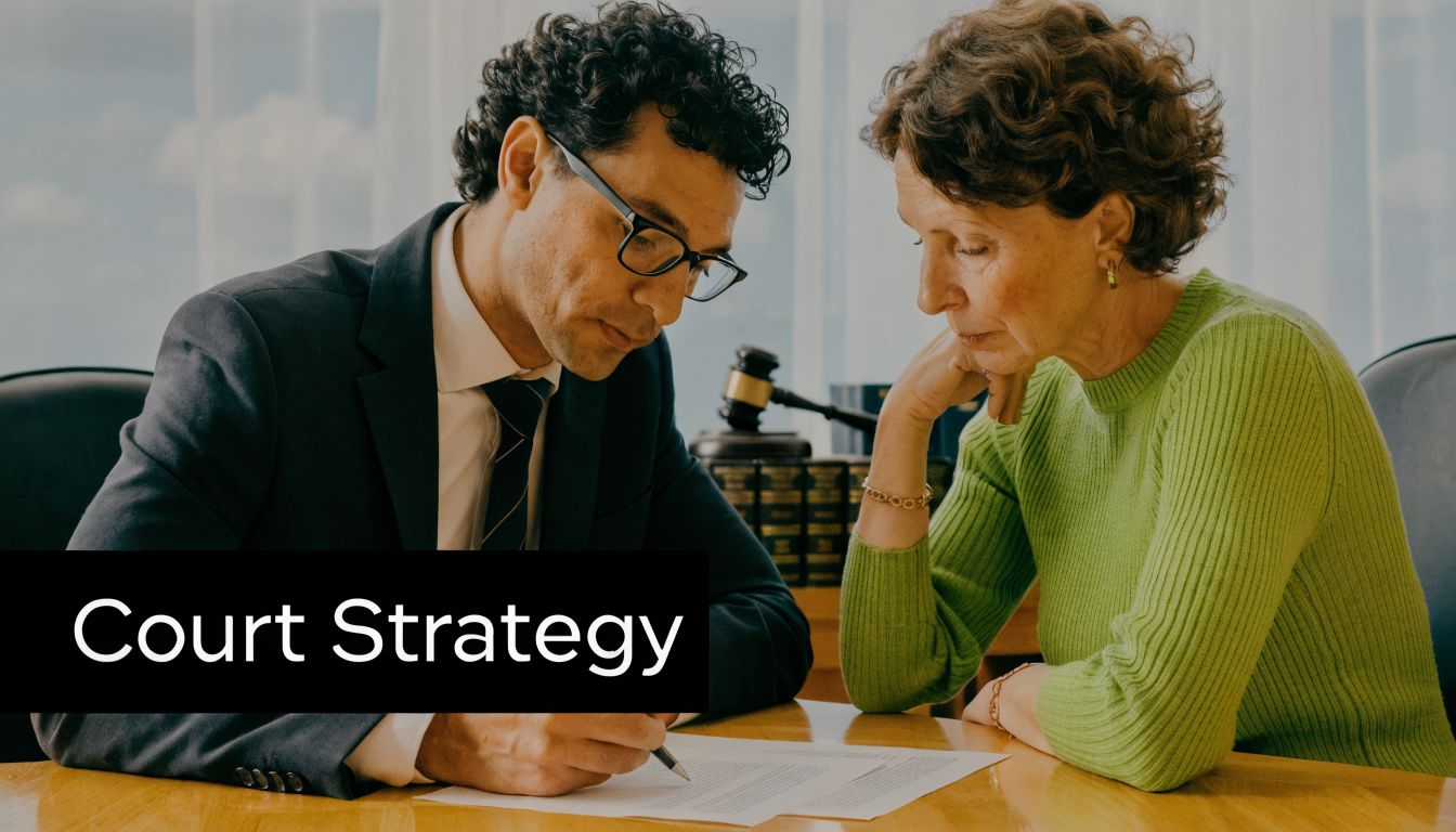 A professional lawyer reviewing legal documents with an older female client to discuss court strategy.