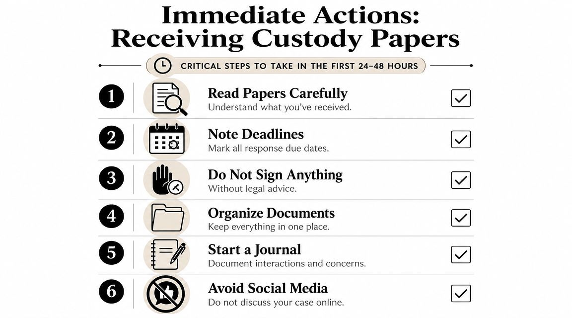 A checklist infographic illustrating six critical steps to take immediately after receiving legal child custody papers.