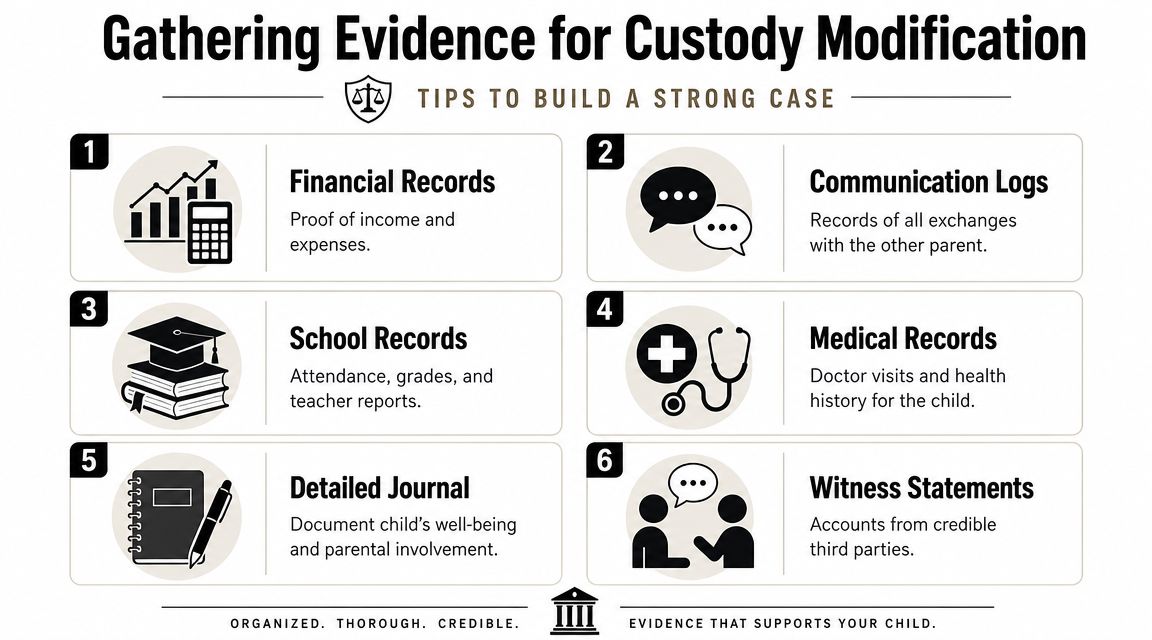 A guide listing six essential types of evidence required to build a strong child custody modification case.