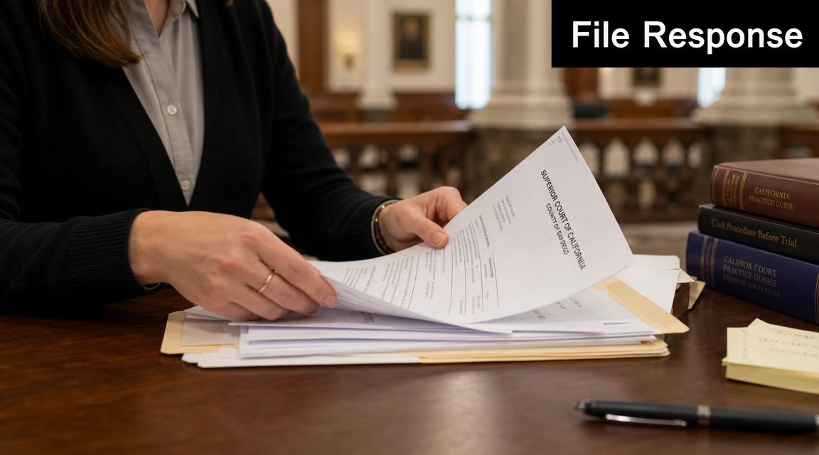 A professional holding a legal document from the Superior Court of California while working in a library.