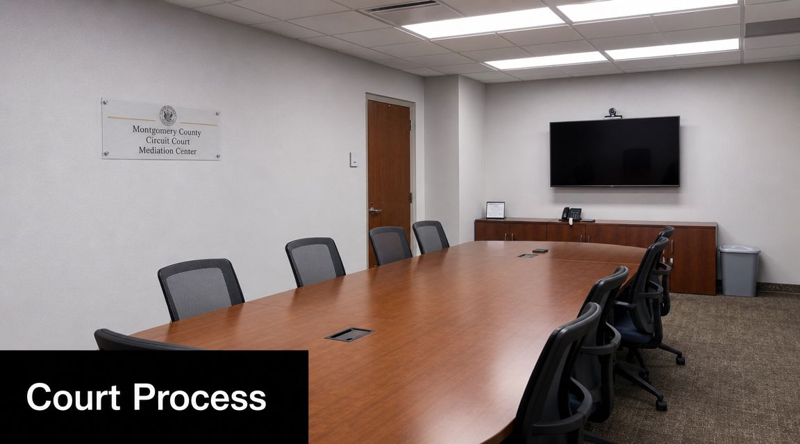 A professional mediation room for the Montgomery County Circuit Court featuring a conference table and chairs.