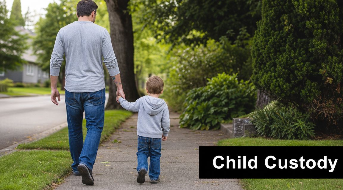 A father and his young son walking together hand in hand down a sidewalk outside.