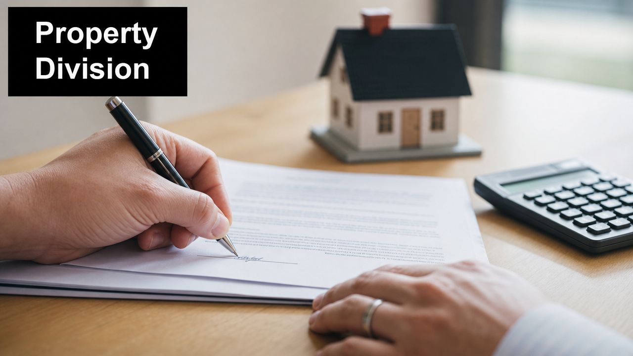 A person signing a legal document regarding property division with a miniature house and calculator nearby.
