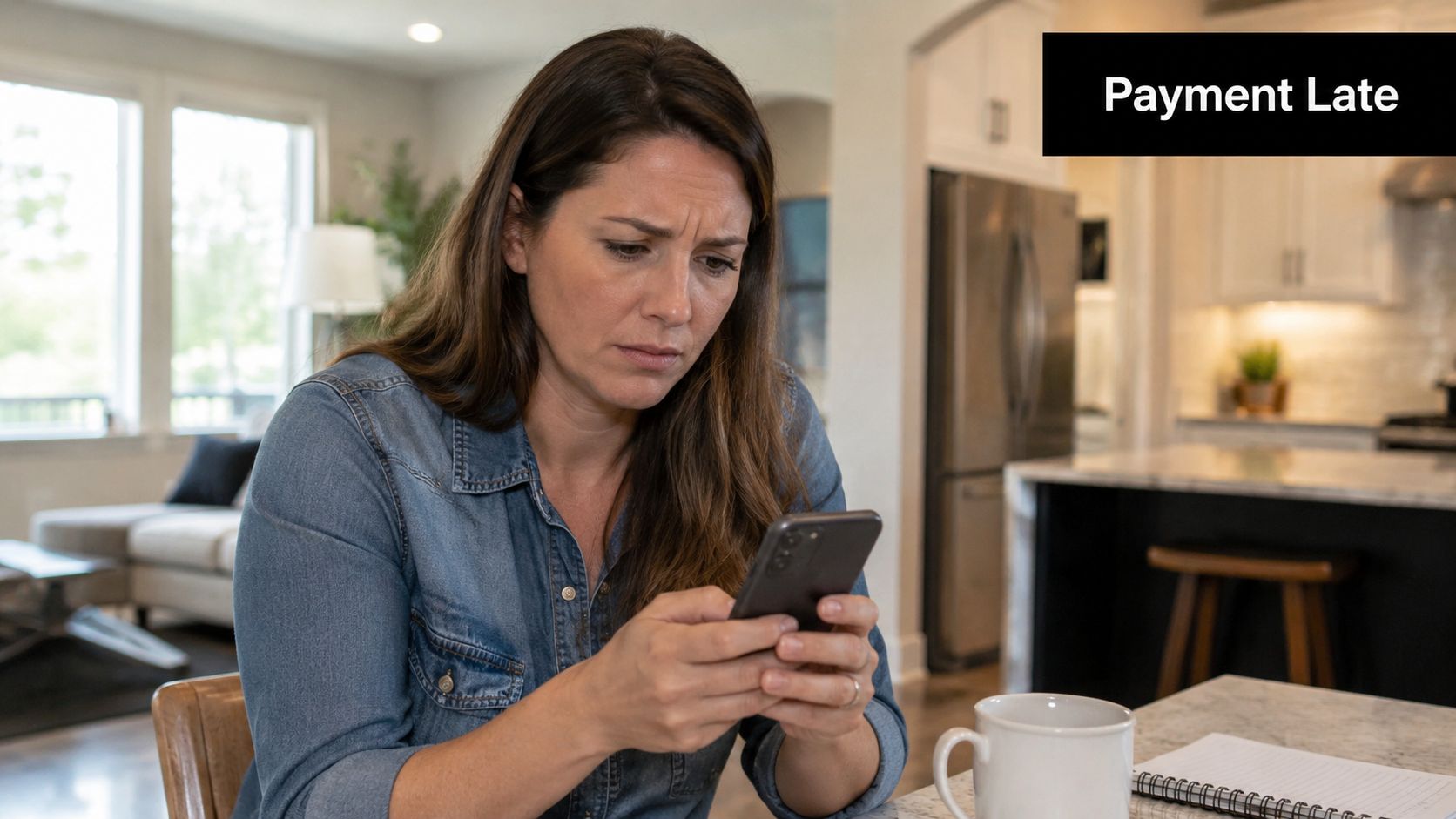 A concerned woman sits at a kitchen table looking at her smartphone regarding a late payment notice.