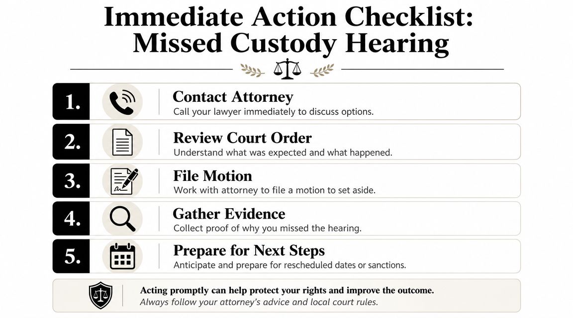 A numbered checklist showing five immediate steps to take if you miss a child custody court hearing.