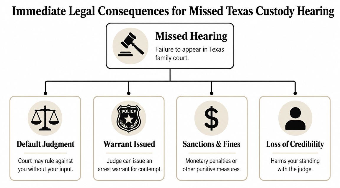 An infographic showing four immediate legal consequences for missing a Texas child custody court hearing.