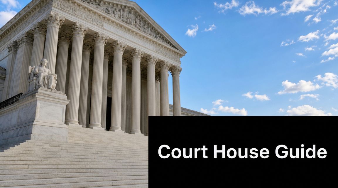 A wide angle view of the United States Supreme Court building exterior under a bright blue sky.