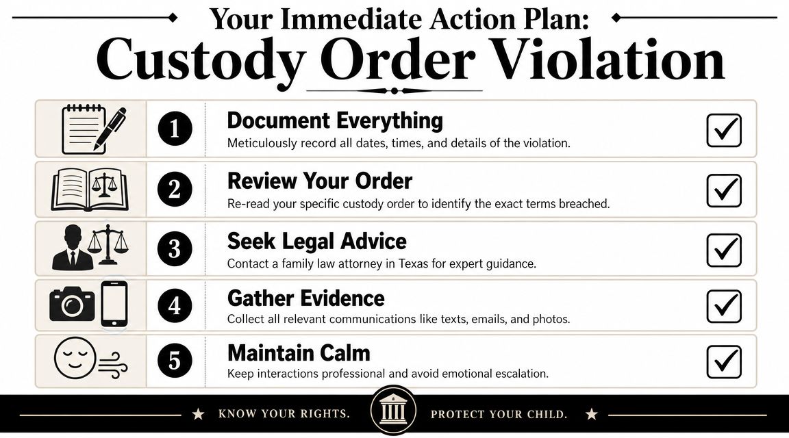 A checklist of five actionable steps to take when a parent violates a child custody order in Texas.
