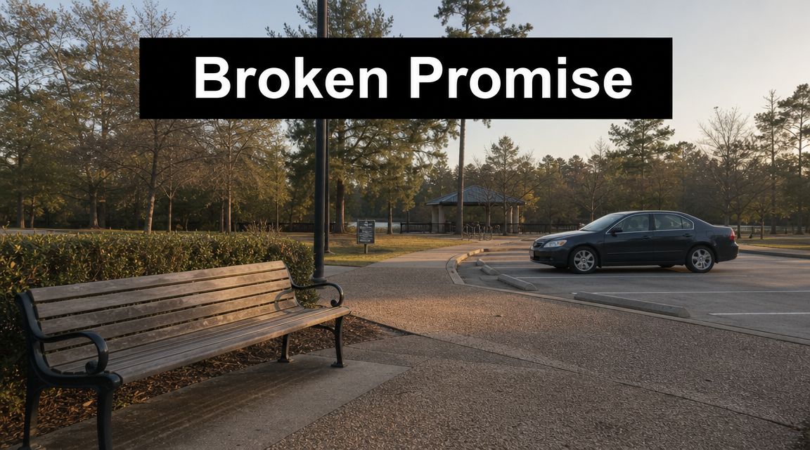 A quiet park bench overlooking a parking lot with a sedan at sunset, evoking a feeling of loneliness.