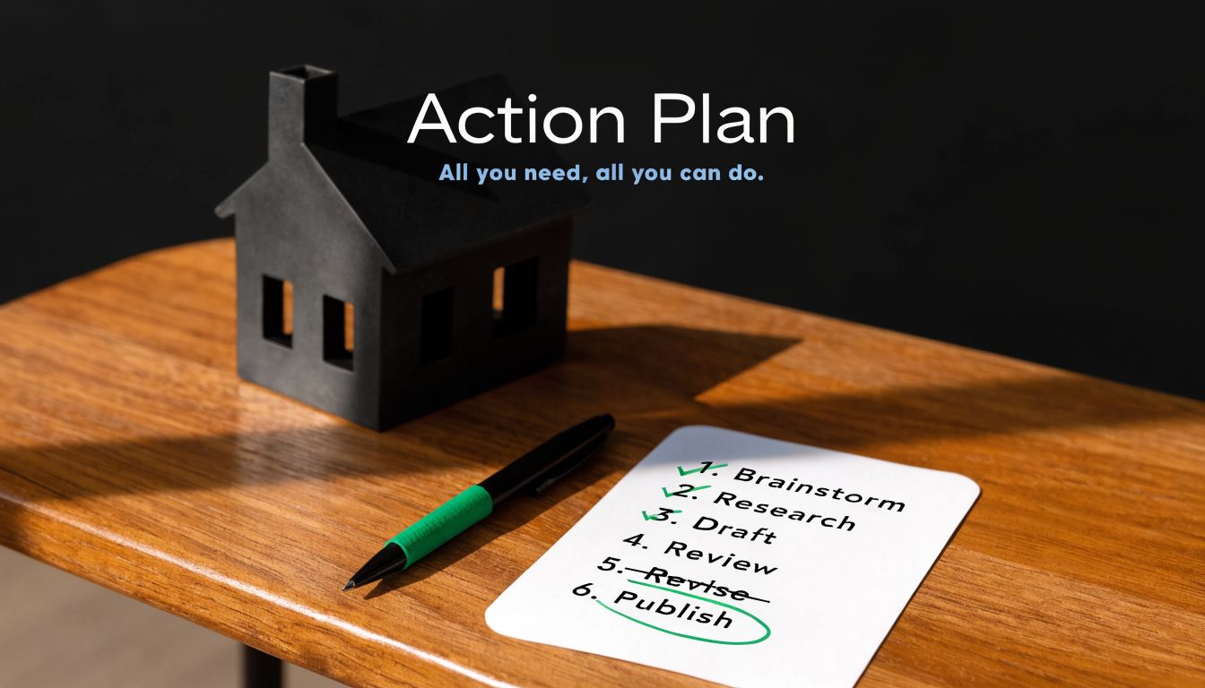 A miniature house figurine and a checklist on a wooden table, representing home planning or property decisions.