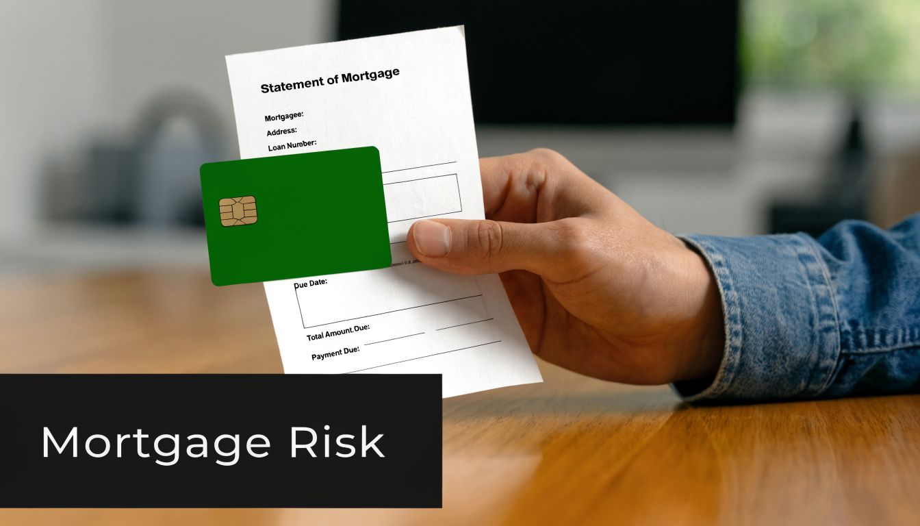 A hand holding a blank mortgage statement document next to a green credit card on a desk.