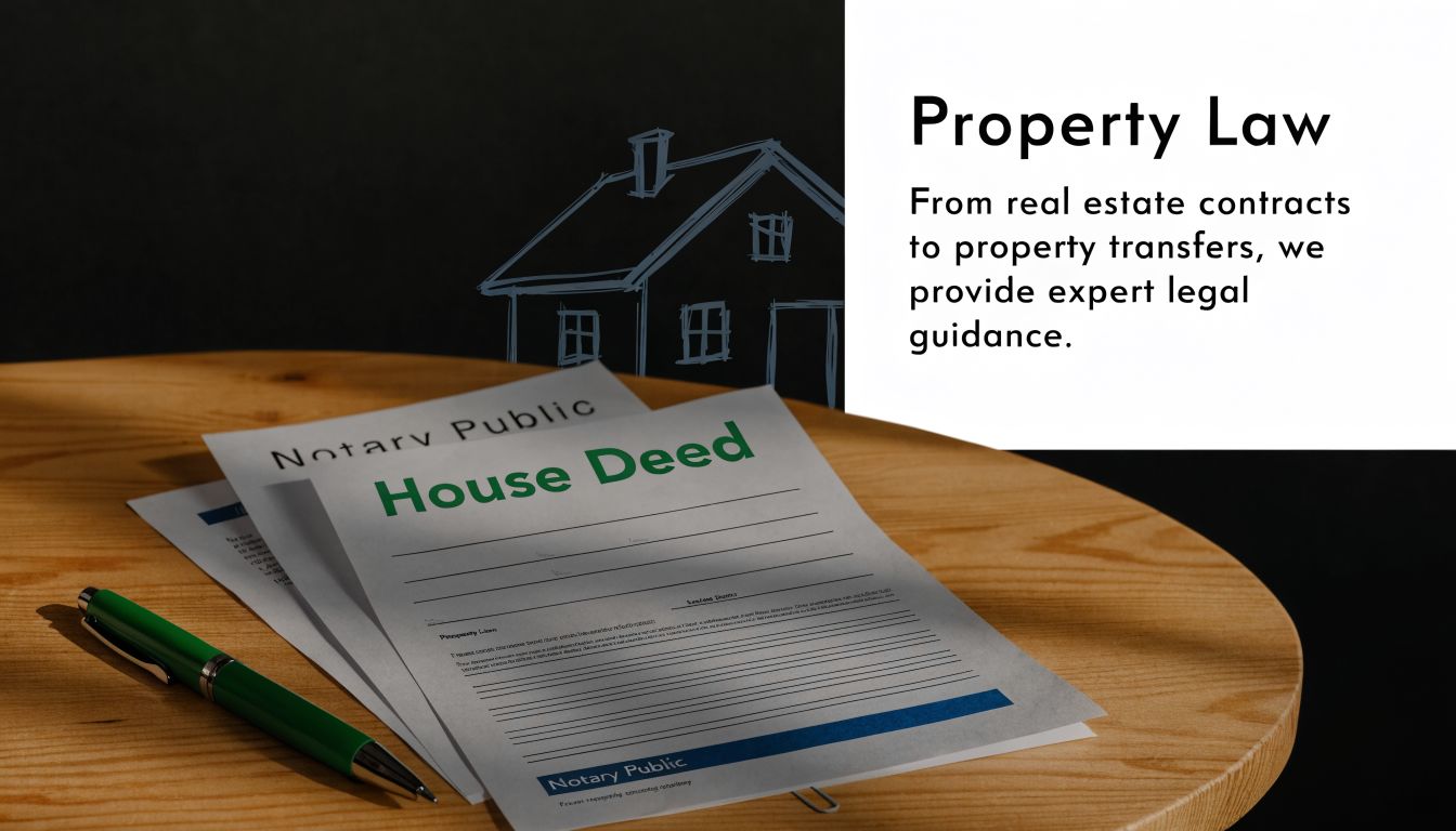 A house deed document, a green pen, and a table with a house sketch represent real estate law.