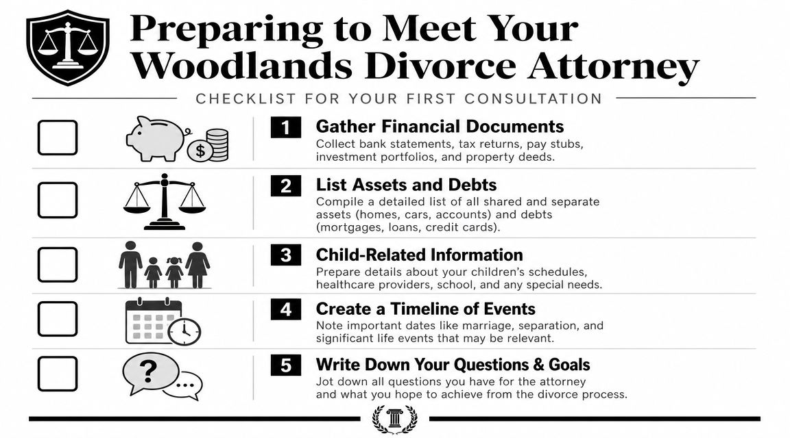 A checklist infographic detailing essential documents and preparations needed for a first meeting with a divorce attorney.