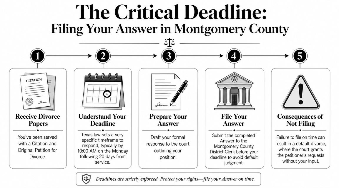 A five-step infographic outlining the process and deadlines for filing a divorce answer in Montgomery County.