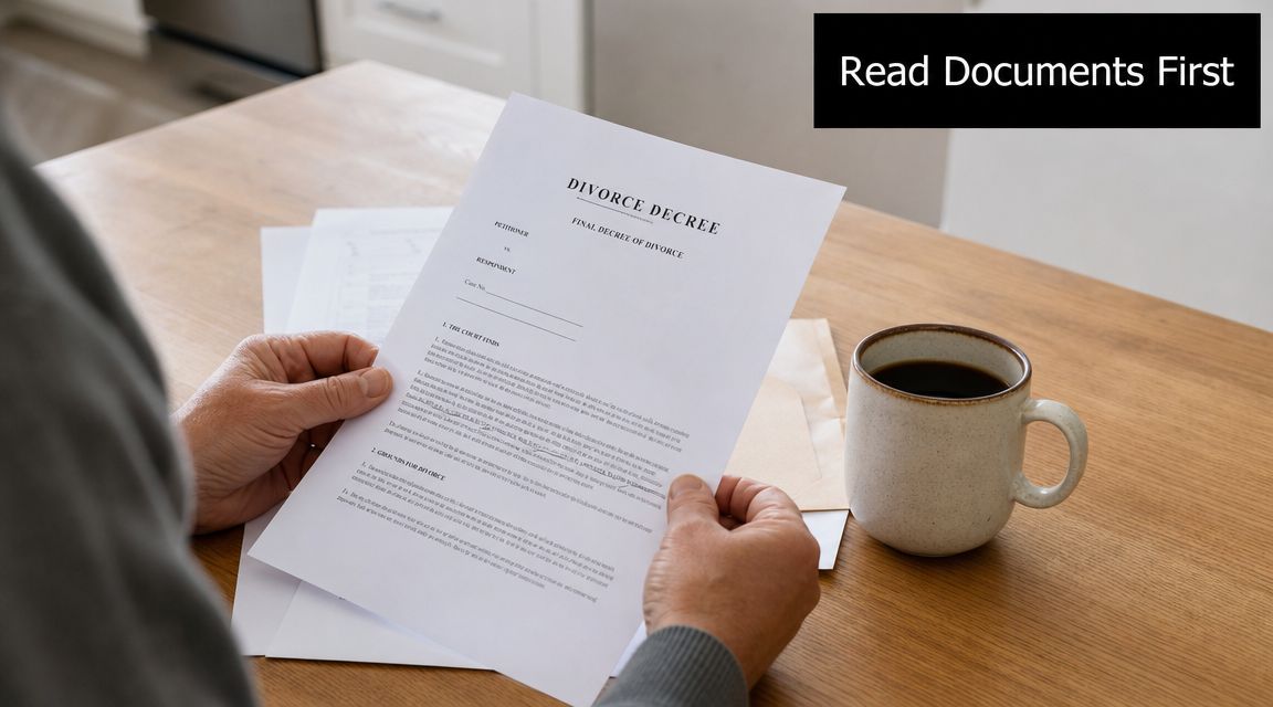 A person holding a final divorce decree document while sitting at a wooden table with coffee.