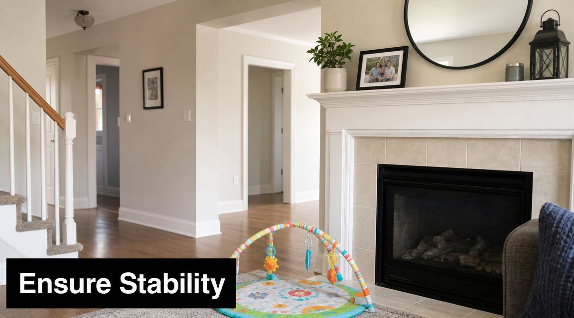 A cozy living room interior featuring a fireplace, a staircase, and a baby play gym on the floor.
