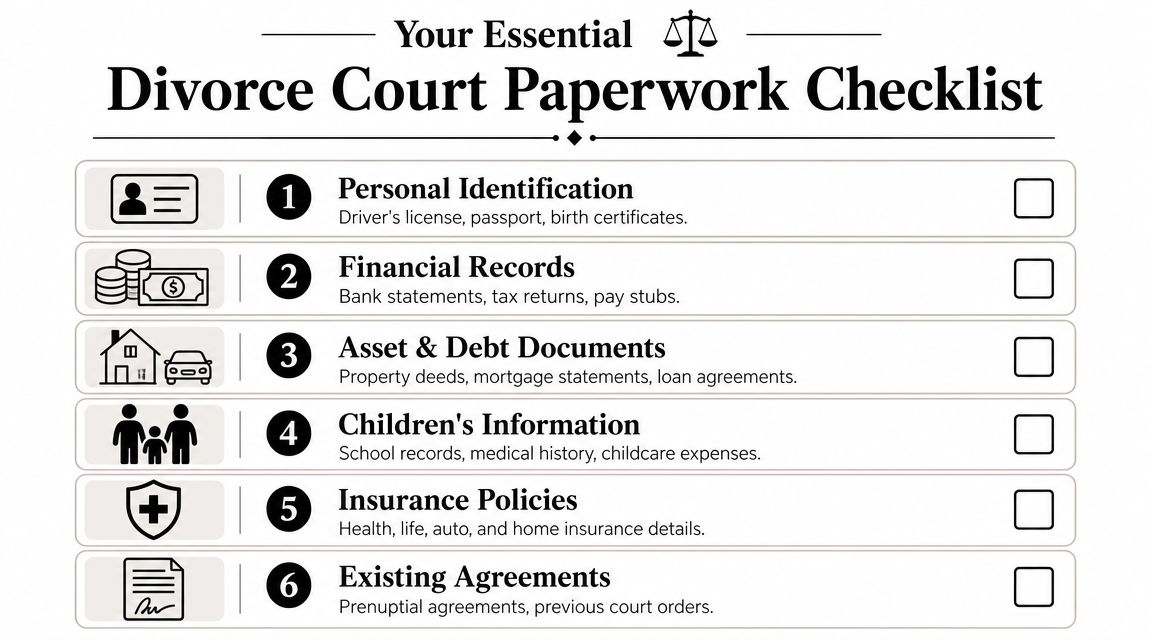 A comprehensive checklist titled Your Essential Divorce Court Paperwork listing six categories of documents needed for proceedings.