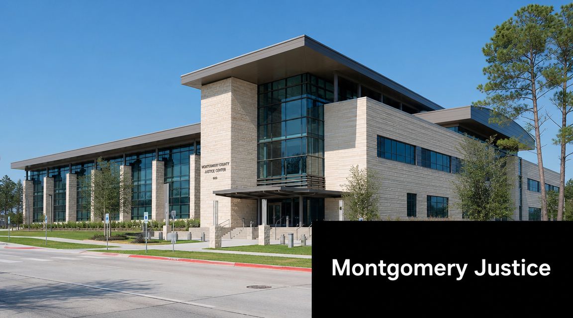 The modern stone and glass Montgomery County Justice Center building viewed from the street on a sunny day.