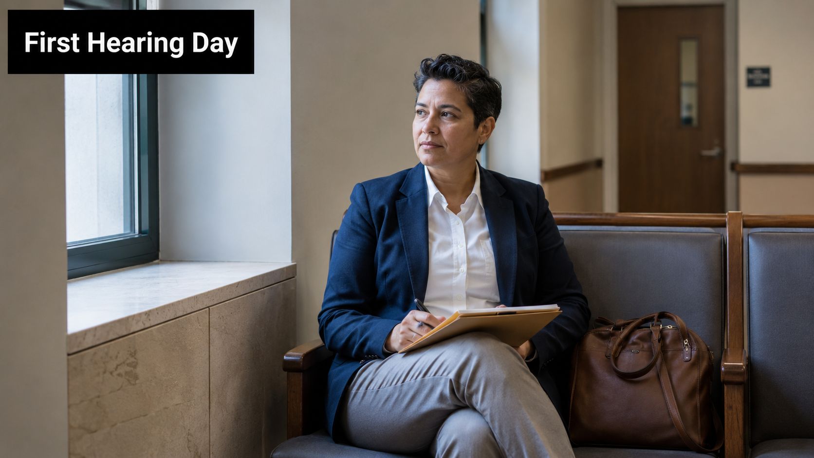 A professional woman in a suit sitting on a waiting room bench holding a file folder.