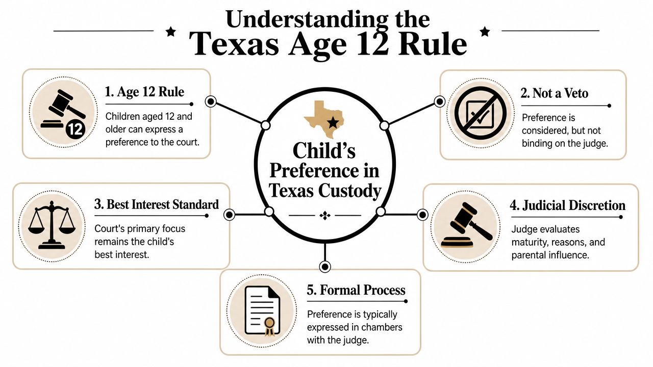 An infographic titled Understanding the Texas Age 12 Rule explaining how children's custody preferences are handled legally.