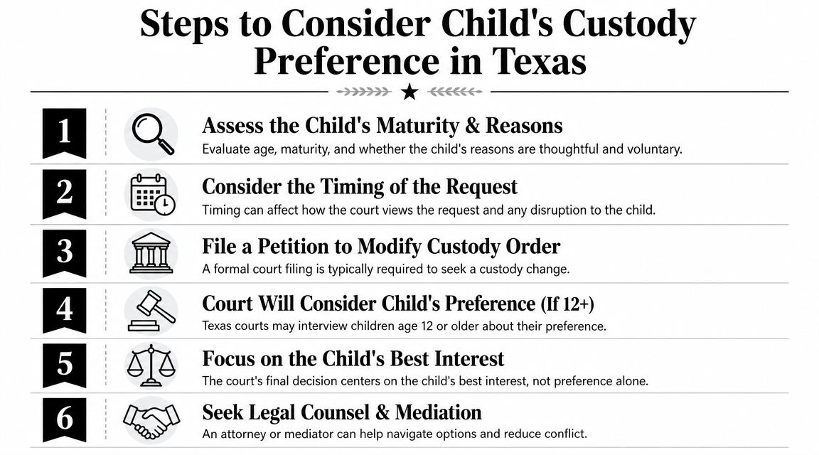 A six-step guide outlining how to consider a child's custody preference in Texas legal proceedings.