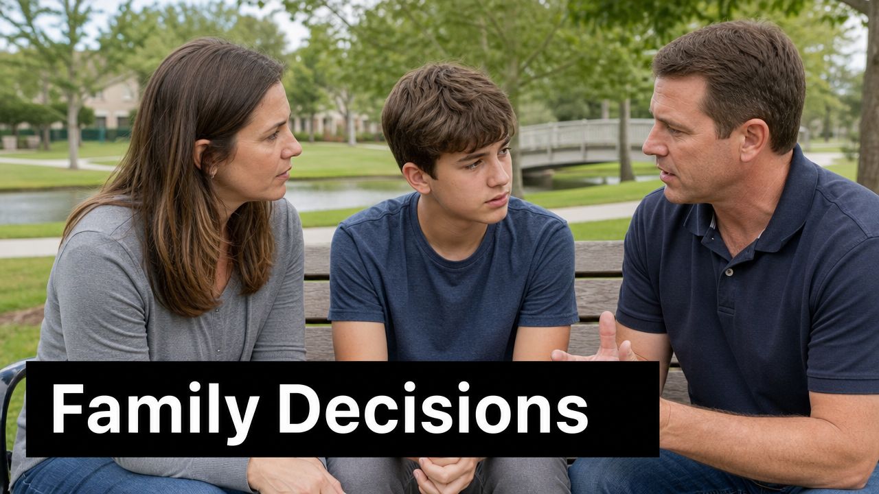 A concerned mother and father sitting on a park bench talking to their teenage son.