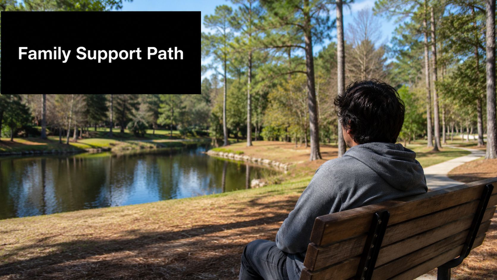 A young man sits alone on a park bench looking out at a peaceful forest lake.