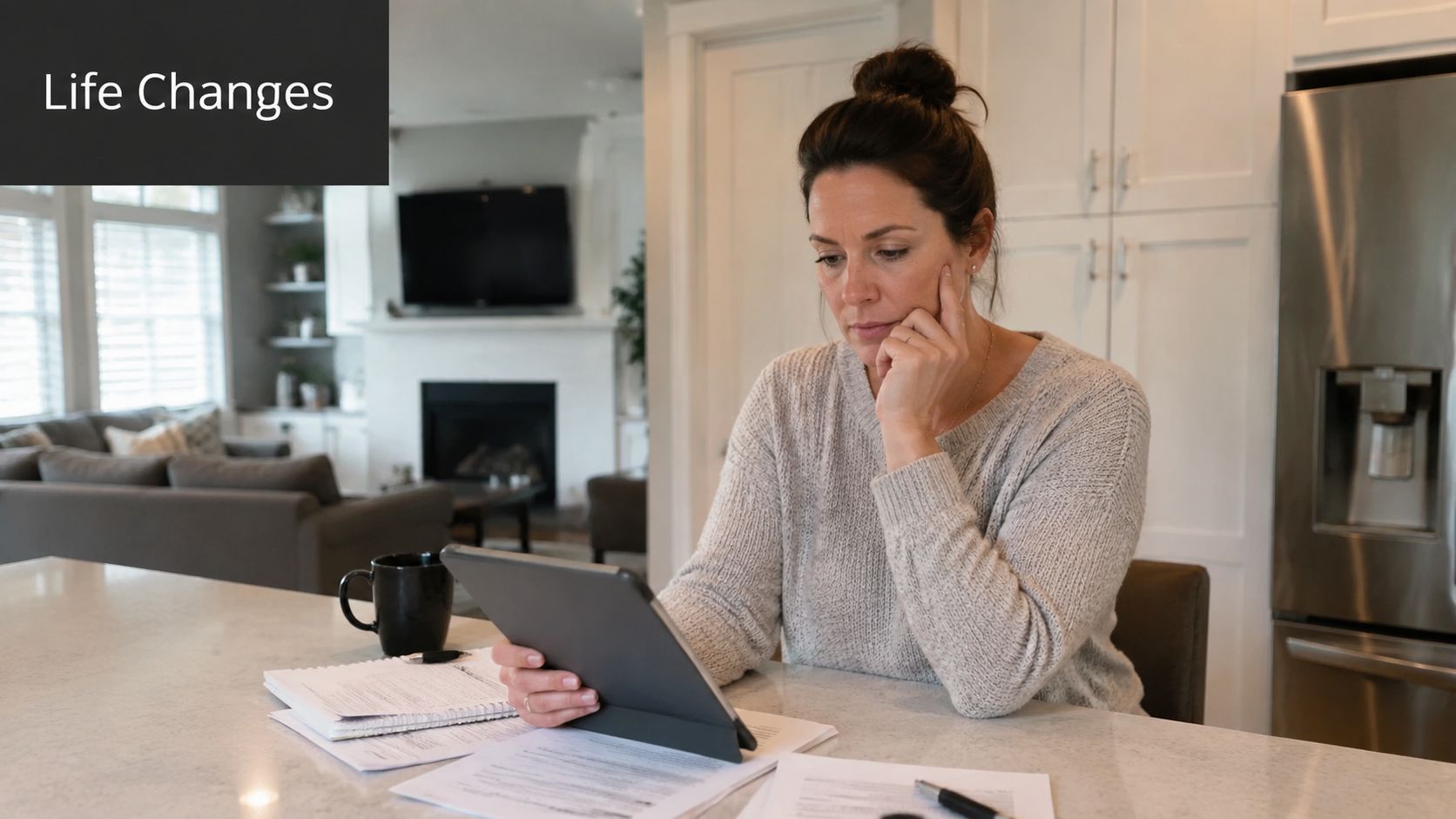 A woman reviewing documents and using a tablet at her kitchen island, reflecting on life changes.