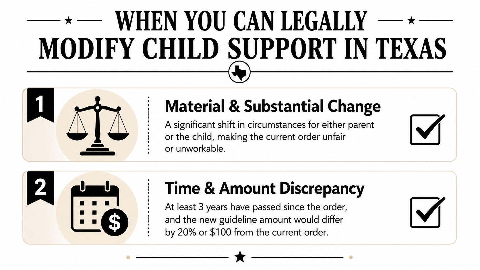 An infographic titled When You Can Legally Modify Child Support in Texas, listing two primary criteria.