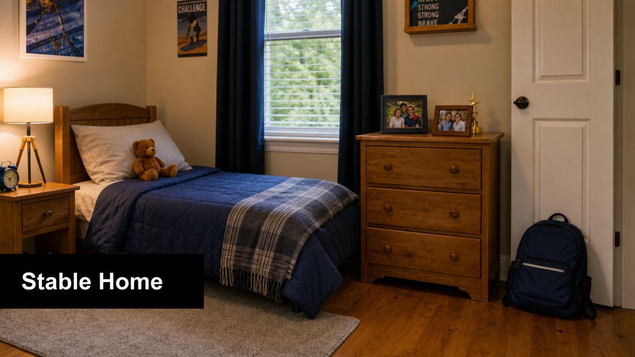A cozy, well-lit bedroom featuring a neatly made bed, wooden furniture, and a blue backpack on the floor.