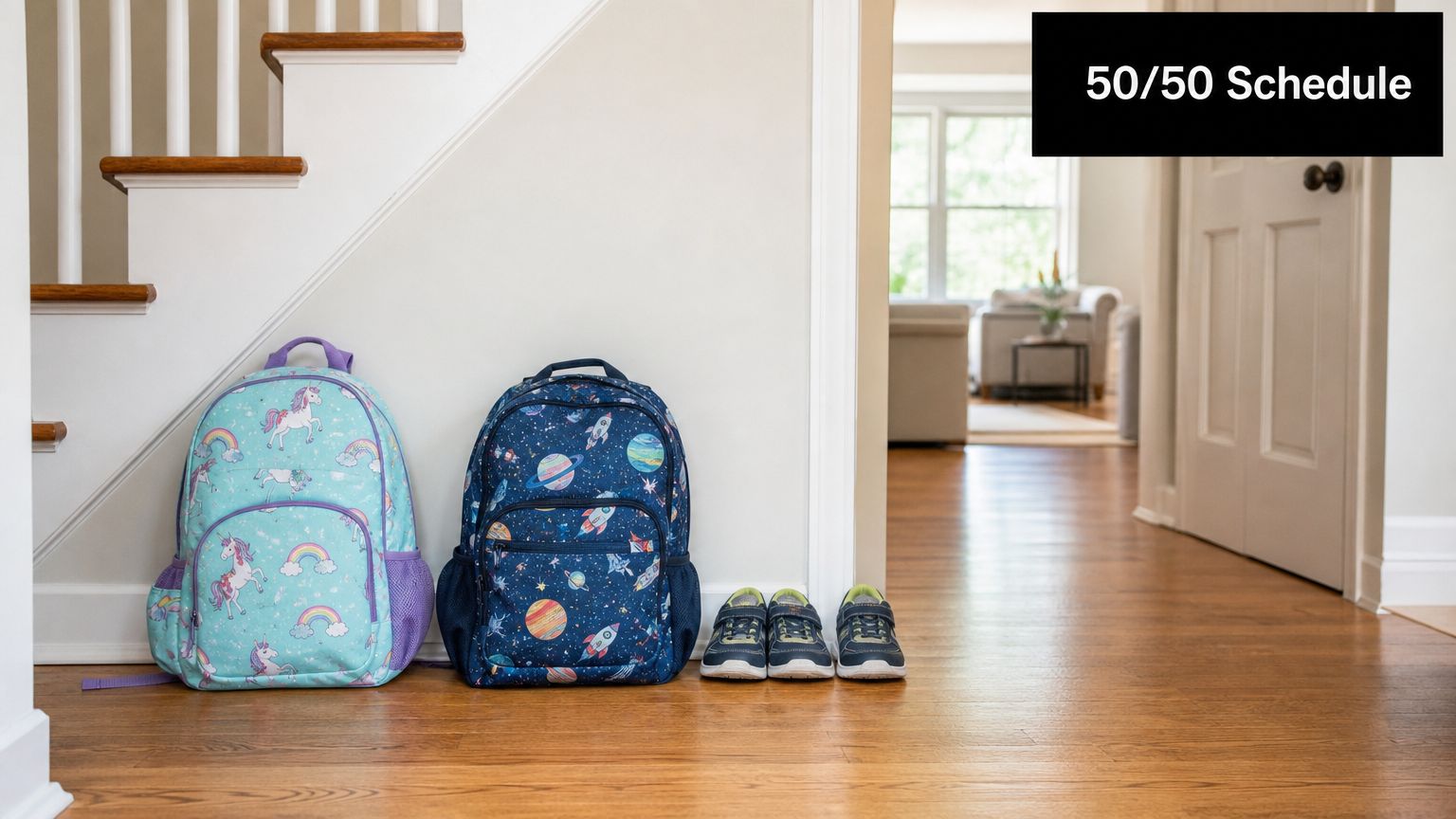 Two colorful children's backpacks and a pair of sneakers neatly placed by the stairs in a house.