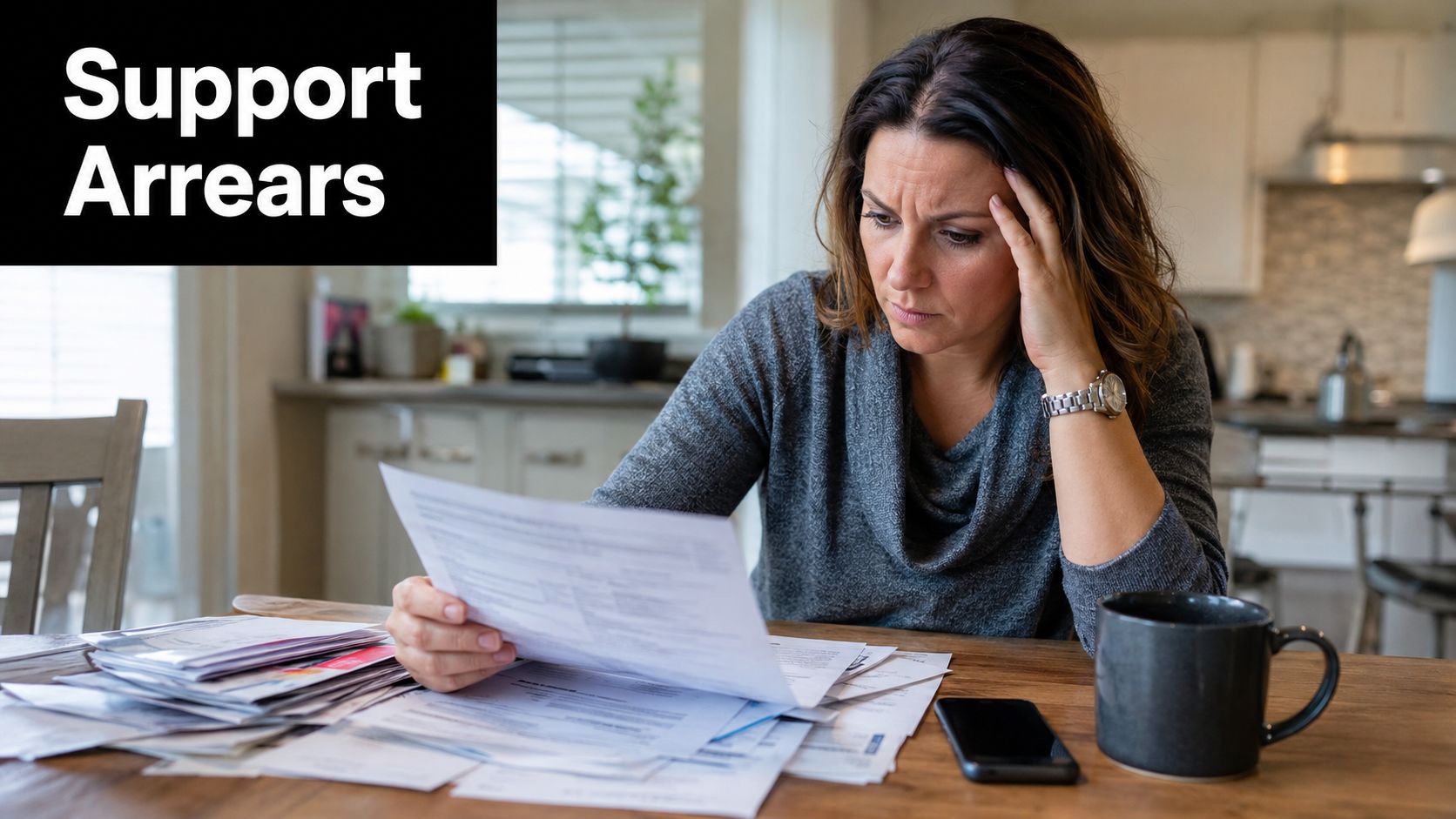 A woman looks stressed while reviewing financial documents at a table, representing the deadbeat parent act concept.