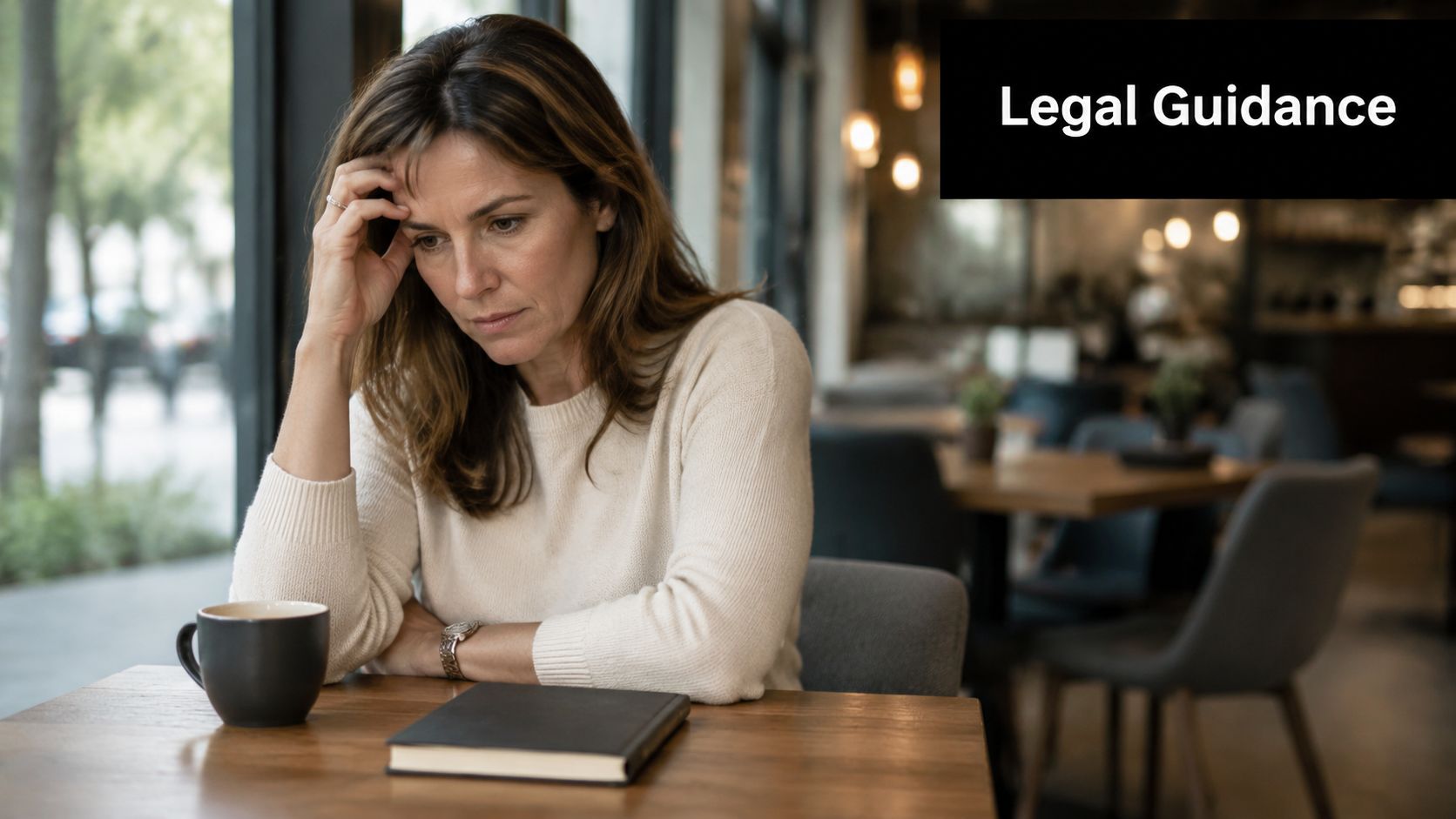 A worried middle-aged woman sitting alone at a cafe table while contemplating difficult life decisions.