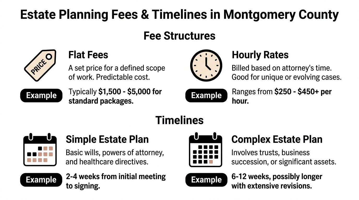 An infographic showing common estate planning fee structures and expected timelines in Montgomery County, Texas.