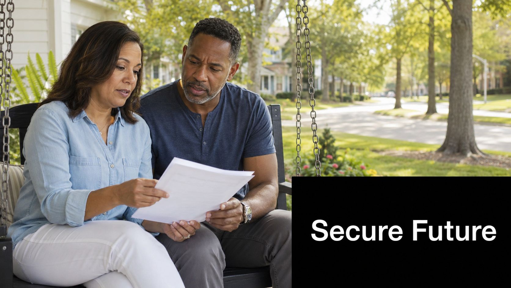 A middle-aged couple sitting on a porch swing while reviewing legal documents together outdoors.