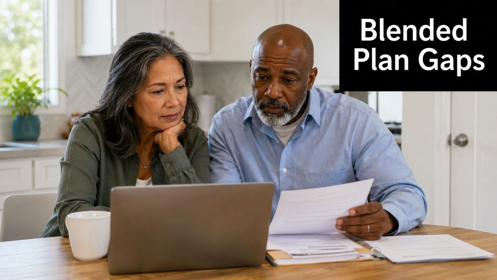 A middle-aged couple reviews financial documents and a laptop together while planning for their blended family.